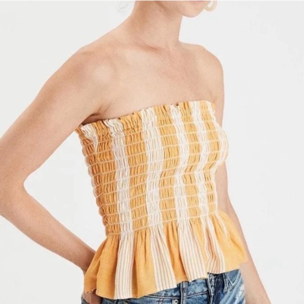 EUC AMERICAN EAGLE Peplum Ruched Yellow & White Striped Tube Top - Picture 2 of 8